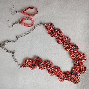 VTG Coral Turquoise Seed Bead Wide Braded Necklace Dangly Earring Set Adjustable